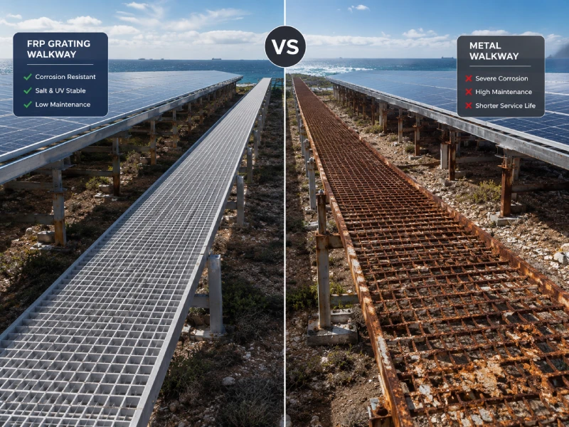 Cur FRP Grating est optimus materia pro PV O & M ambulationes (FRP Solar Grating vs Metal)