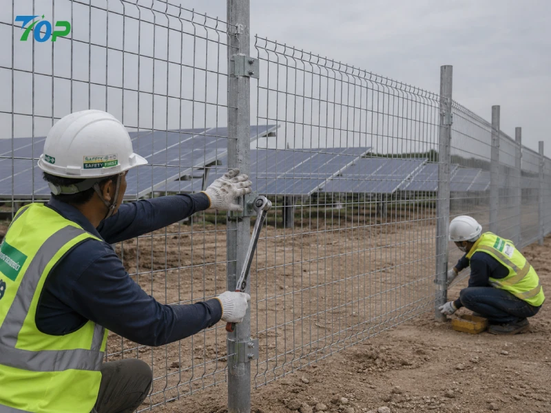 EPC workers assembling modular solar fencing panels using bolt-connected galvanized steel structures at a utility-scale PV site